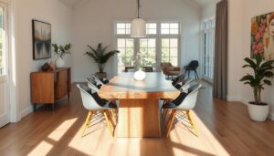 Moderne eetkamerstoelen bij een robuuste boomstamtafel in een lichte eetkamer