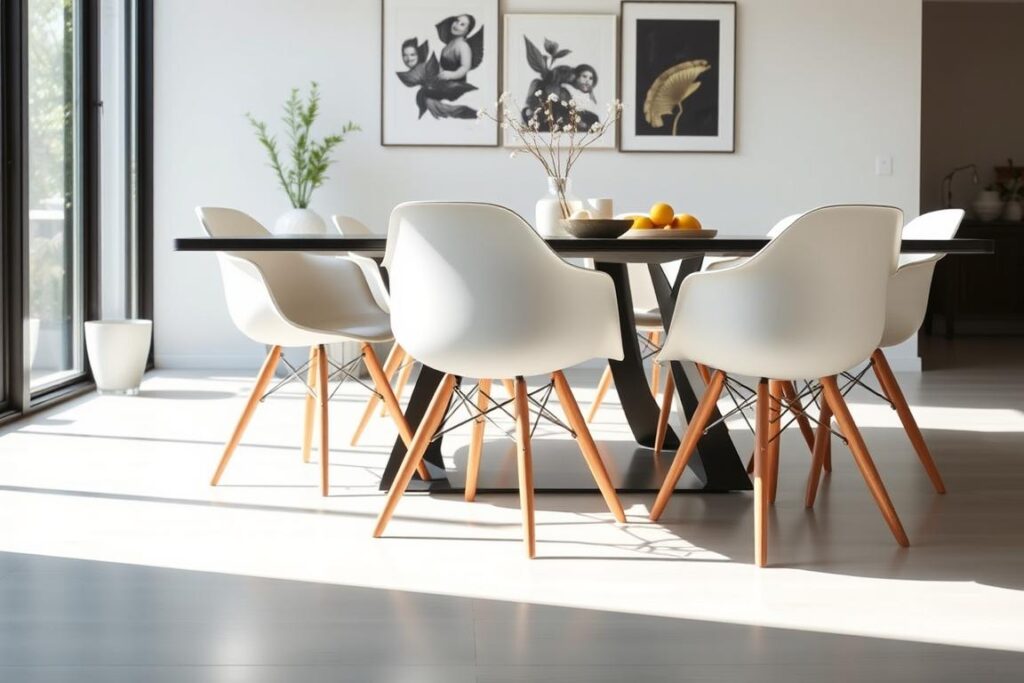 Moderne eetkamerstoelen met houten poten in een strak interieur Moderne eetkamerstoelen met houten poten in een strak interieur