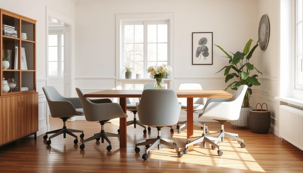 Moderne eetkamerstoelen op wieltjes in een lichte eetkamer