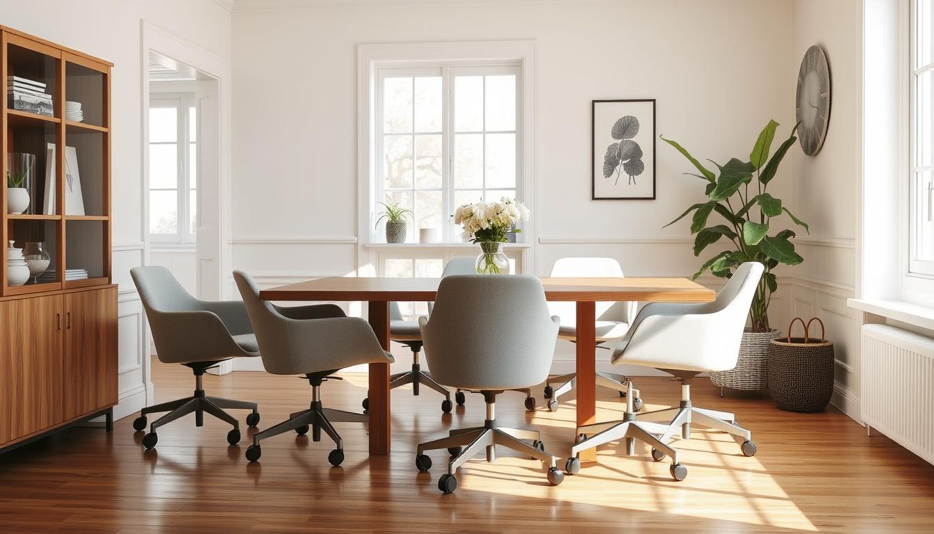 Moderne eetkamerstoelen op wieltjes in een lichte eetkamer