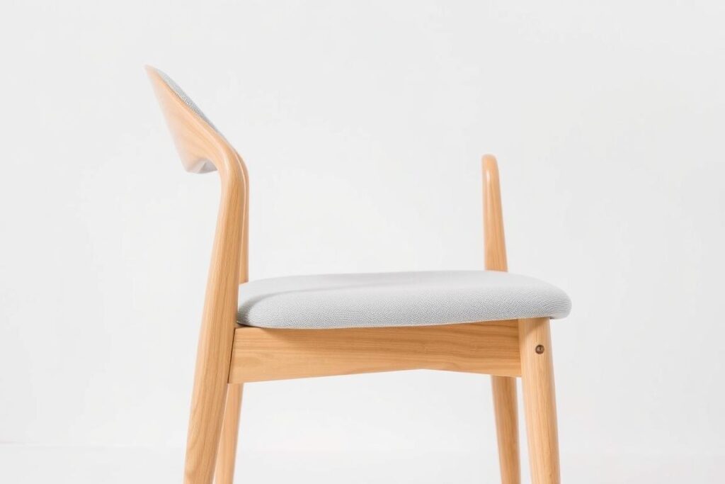 Moderne houten eetkamerstoel met stoffen zitting Moderne houten eetkamerstoel met stoffen zitting