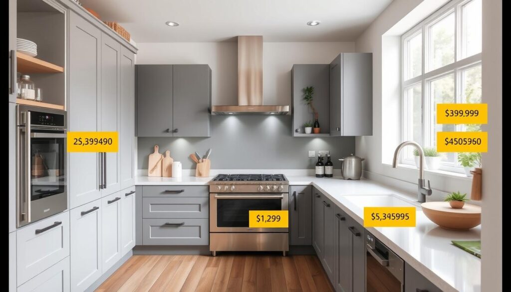 Moderne keuken met prijsindicaties voor verschillende onderdelen en apparatuur