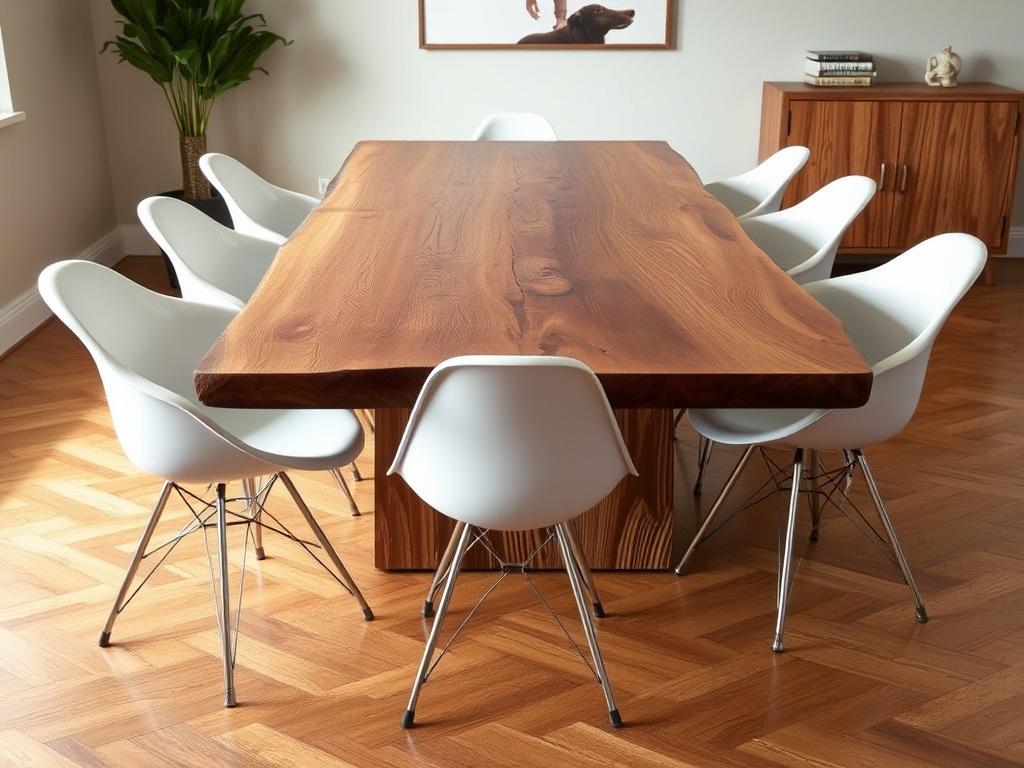 Moderne kuipstoelen met metalen poten rond een rustieke boomstamtafel
