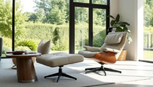 Moderne loungestoel in een lichte woonkamer met uitzicht op tuin