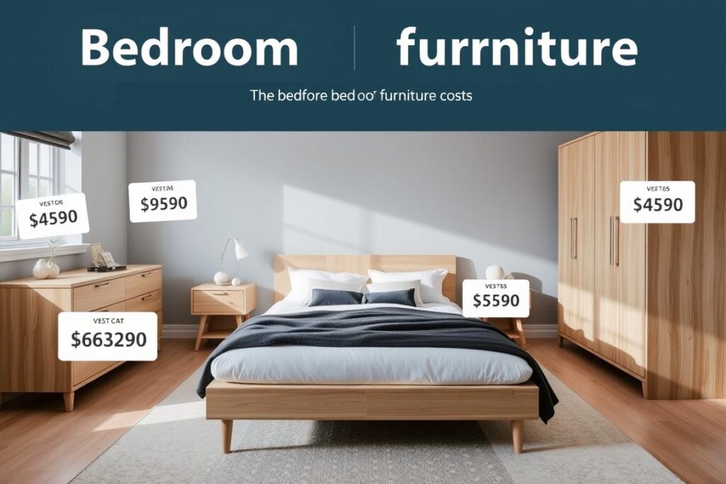 Moderne slaapkamer met bed, nachtkastjes en kledingkast met prijsindicaties voor gemiddelde kosten meubels Moderne slaapkamer met bed, nachtkastjes en kledingkast met prijsindicaties voor gemiddelde kosten meubels