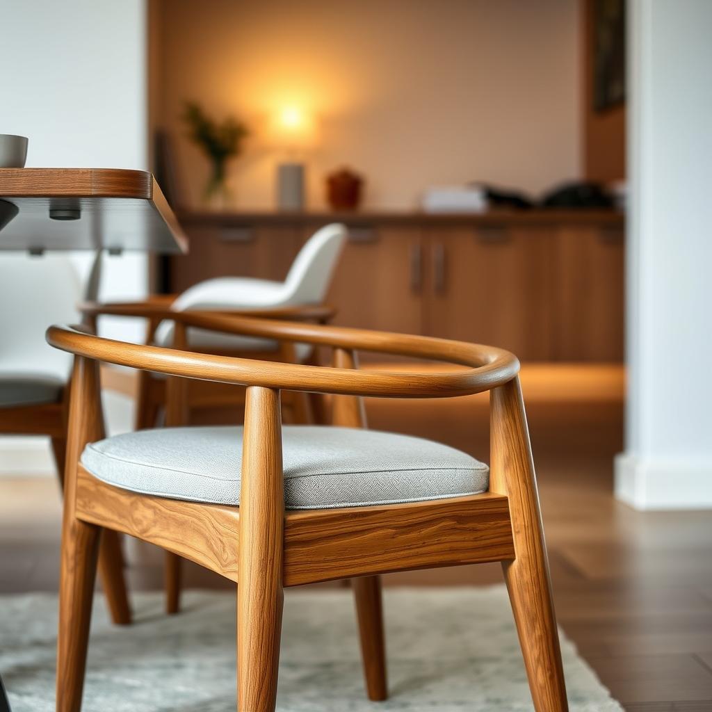 Moderne teakhouten eetkamerstoel met stoffering Moderne teakhouten eetkamerstoel met stoffering