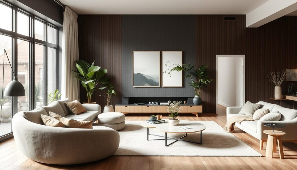 Moderne woonkamer met meubels die de trends van 2024 weerspiegelen Moderne woonkamer met meubels die de trends van 2024 weerspiegelen
