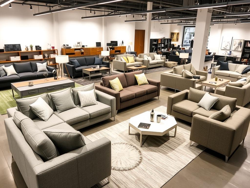 Moderne woonkamer met verschillende banken en salontafels Moderne woonkamer met verschillende banken en salontafels