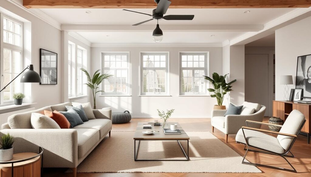 Moderne woonkamer met verschillende soorten meubels zoals bank, salontafel en fauteuil