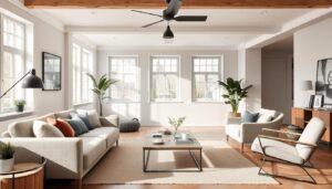 Moderne woonkamer met verschillende soorten meubels zoals bank, salontafel en fauteuil