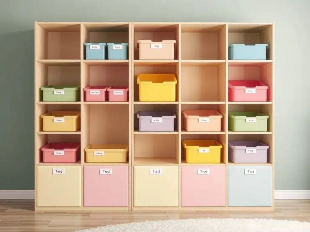 Modulair opbergsysteem voor kinderkamer met kleurrijke bakken Modulair opbergsysteem voor kinderkamer met kleurrijke bakken