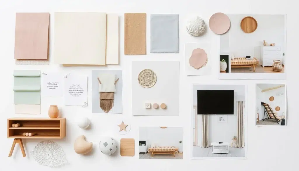 Mood board voor kinderkamer inrichting met kleurstalen en materiaalvoorbeelden Mood board voor kinderkamer inrichting met kleurstalen en materiaalvoorbeelden