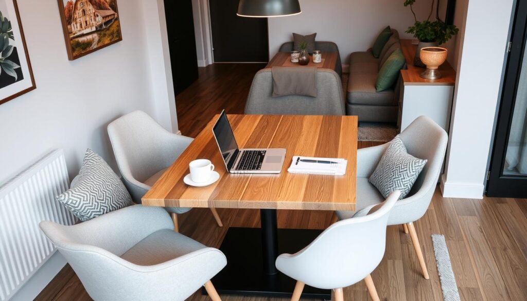Multifunctionele eettafel die ook als werkplek wordt gebruikt in kleine woonkamer Multifunctionele eettafel die ook als werkplek wordt gebruikt in kleine woonkamer