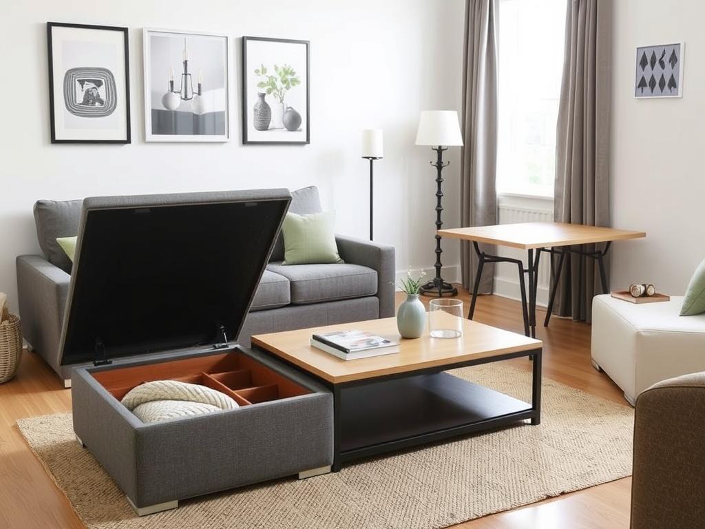 Multifunctionele meubels voor een kleine woonkamer zoals een opbergpoef en uitklapbare tafel Multifunctionele meubels voor een kleine woonkamer zoals een opbergpoef en uitklapbare tafel