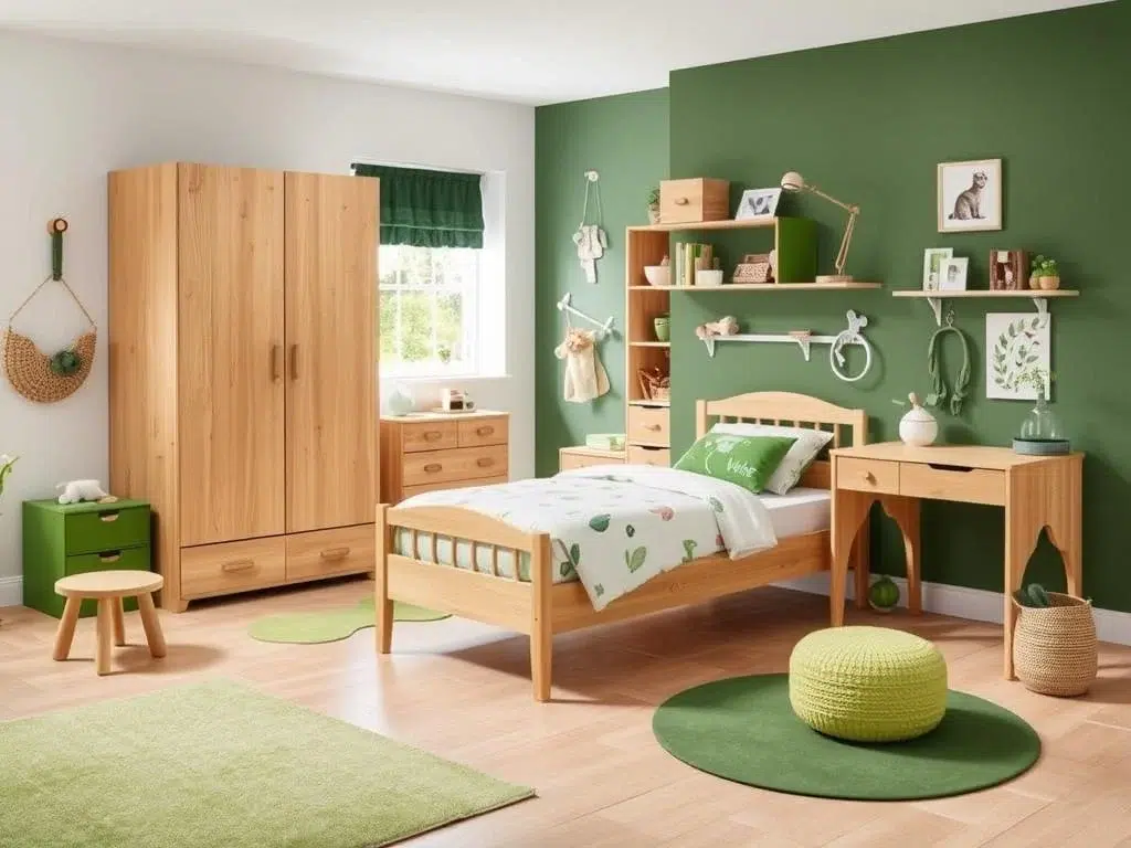 Nieuwe Sfeer's Natuurwonder kinderkamer collectie met houten meubels en groene accenten Nieuwe Sfeer's Natuurwonder kinderkamer collectie met houten meubels en groene accenten
