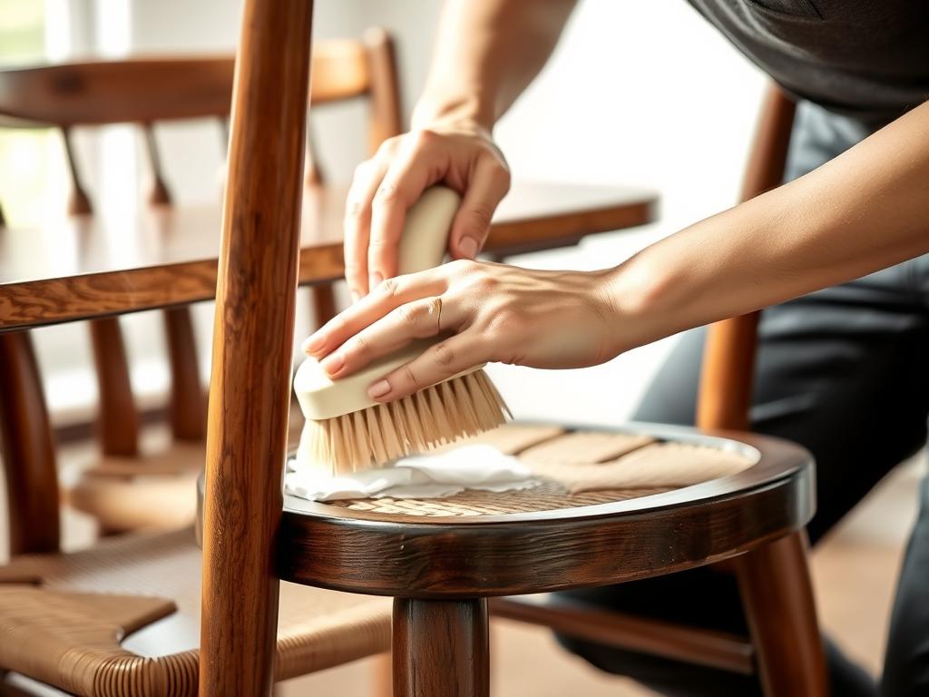 Onderhoud van een houten eetkamerstoel met rieten zitting Onderhoud van een houten eetkamerstoel met rieten zitting