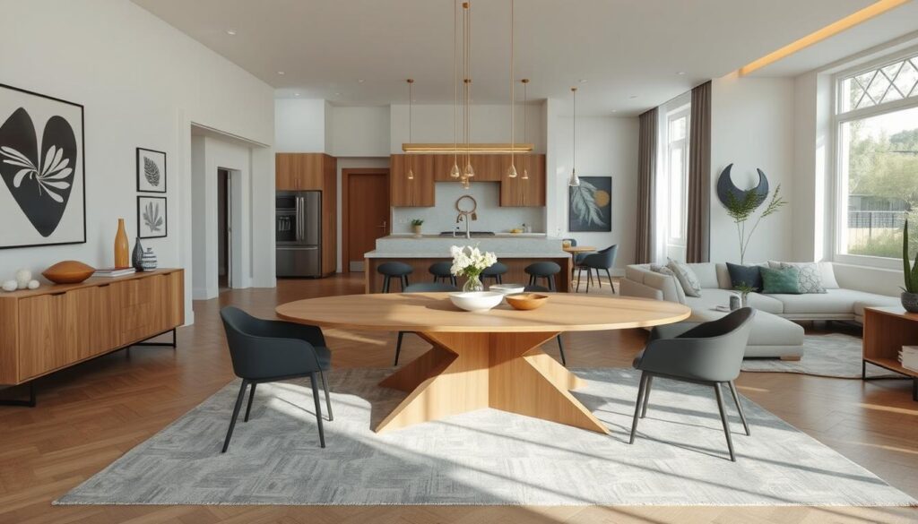 Open woonkeuken met ovale eettafel als overgang tussen keuken en zithoek Open woonkeuken met ovale eettafel als overgang tussen keuken en zithoek
