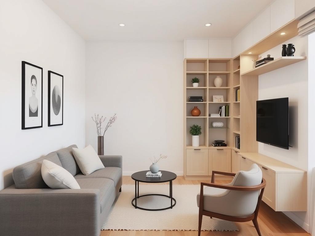 Opgeruimde woonkamer met minimale decoratie en slimme opbergruimte Opgeruimde woonkamer met minimale decoratie en slimme opbergruimte