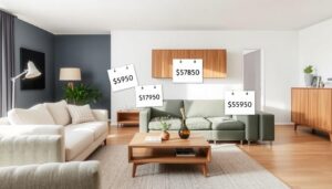 Overzicht van gemiddelde kosten meubels in een moderne woonkamer met bank, salontafel en kast