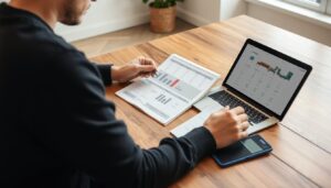 Persoon die budgetplanning doet voor meubels kopen met laptop en rekenmachine