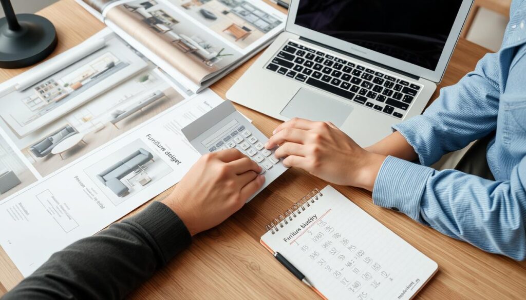 Persoon die een meubelbudget berekent op laptop met interieurplannen Persoon die een meubelbudget berekent op laptop met interieurplannen