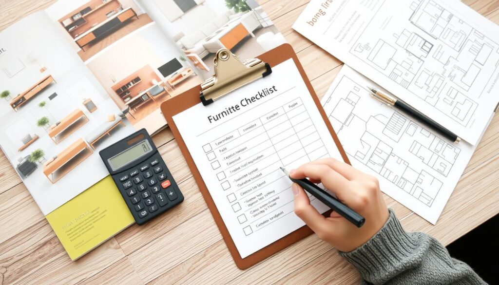 Persoon die een meubelbudget checklist invult Persoon die een meubelbudget checklist invult
