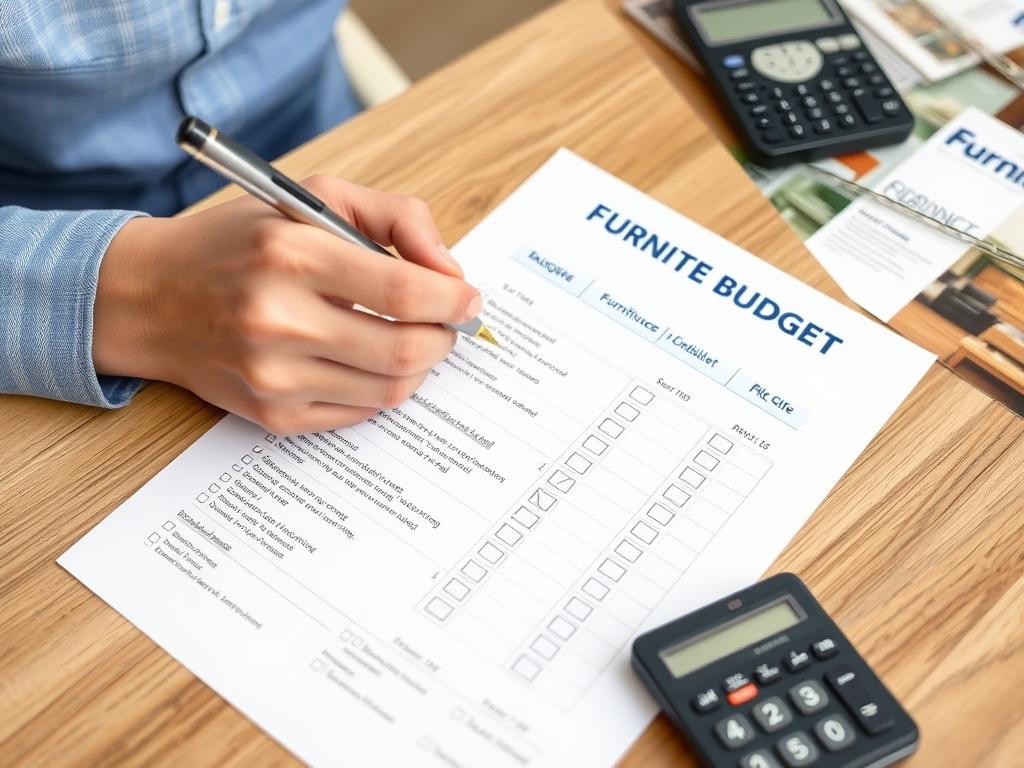 Persoon die een meubelbudget checklist invult met calculaties Persoon die een meubelbudget checklist invult met calculaties