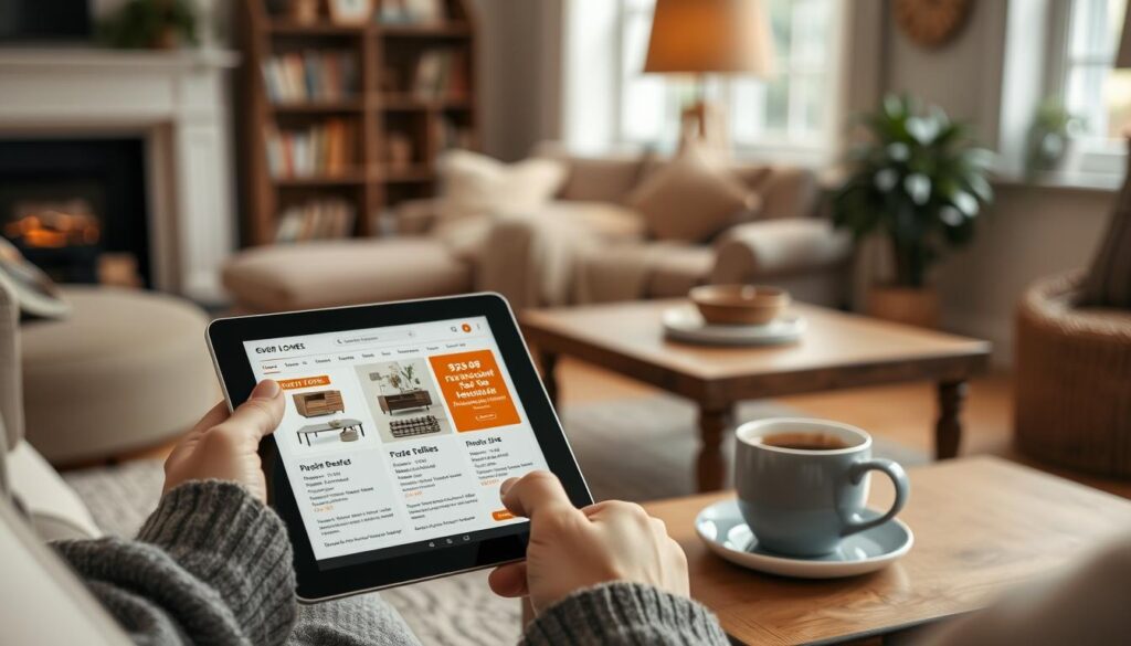 Persoon die een nieuwsbrief over meubelaanbiedingen bekijkt op een tablet