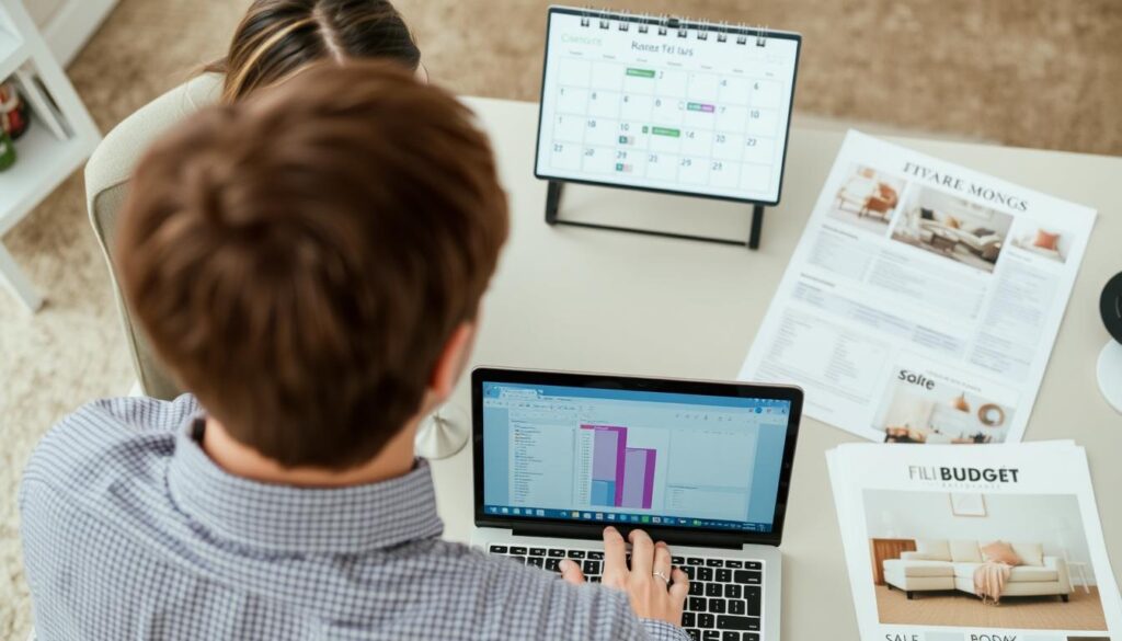 Persoon die een planning maakt voor meubelaankopen tijdens soldenperiodes Persoon die een planning maakt voor meubelaankopen tijdens soldenperiodes