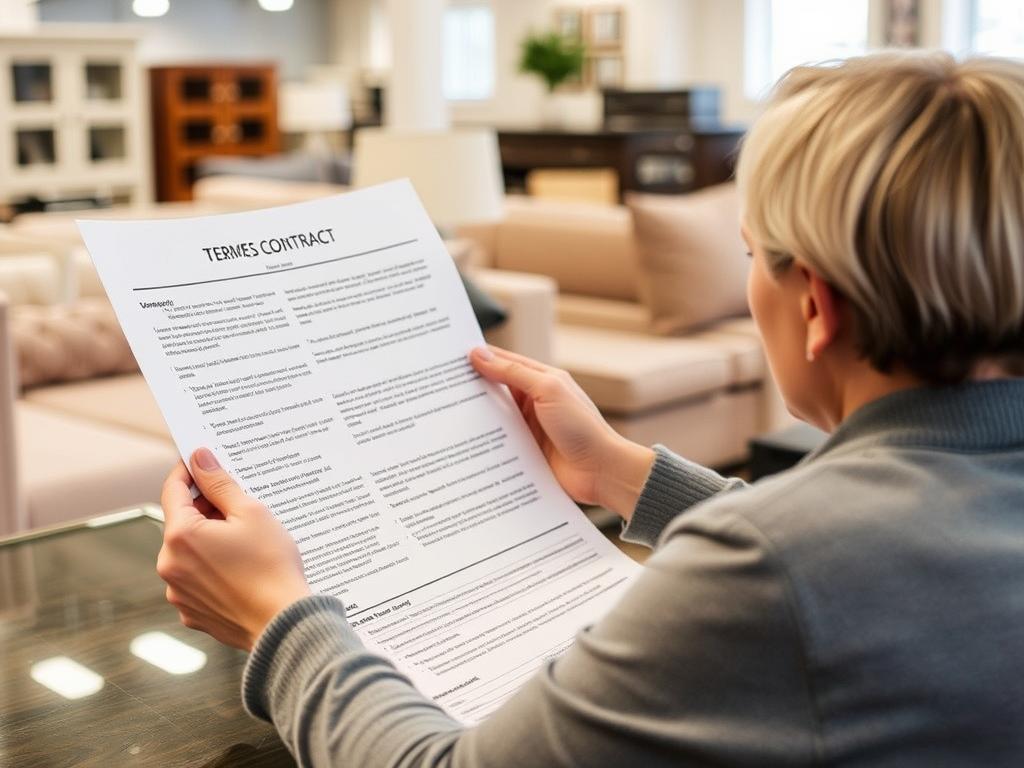 Persoon die garantievoorwaarden leest bij het kopen van meubels