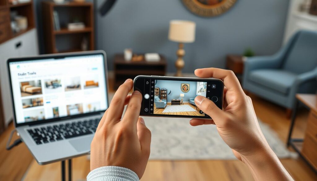 Persoon die meubels fotografeert voor verkoop en onderzoek doet naar gemiddelde prijs meubels Persoon die meubels fotografeert voor verkoop en onderzoek doet naar gemiddelde prijs meubels