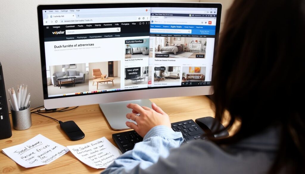 Persoon die online meubelprijzen vergelijkt voor de goedkoopste maand meubels kopen Persoon die online meubelprijzen vergelijkt voor de goedkoopste maand meubels kopen
