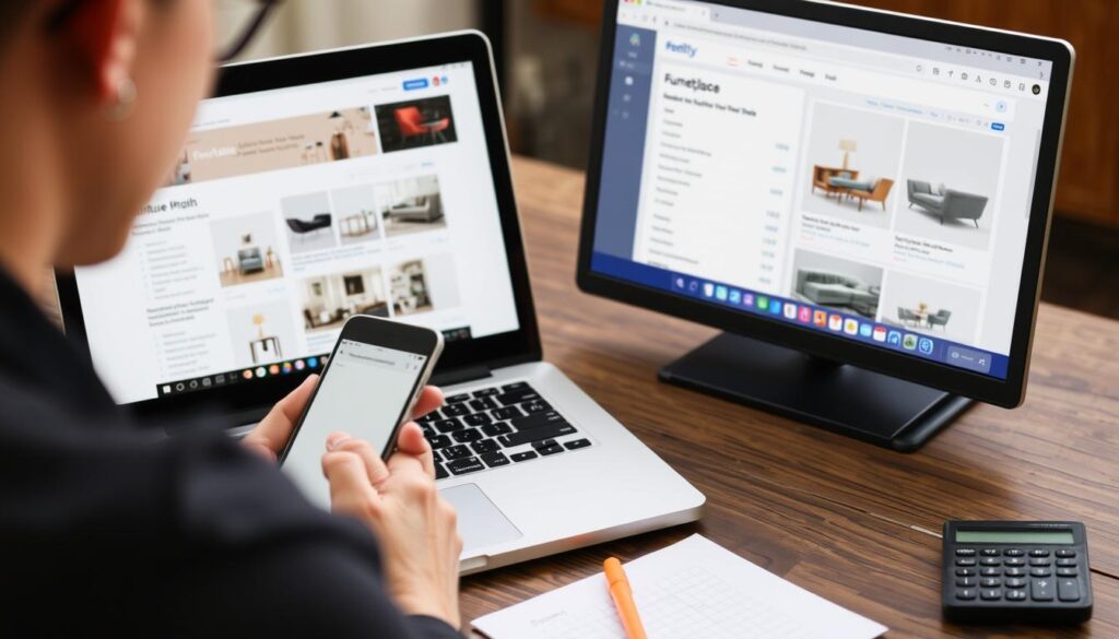 Persoon die online onderzoek doet naar de gemiddelde prijs meubels voor verkoop Persoon die online onderzoek doet naar de gemiddelde prijs meubels voor verkoop