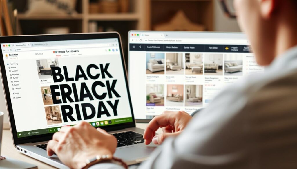 Persoon die online prijzen vergelijkt voor Black Friday meubels kopen Persoon die online prijzen vergelijkt voor Black Friday meubels kopen