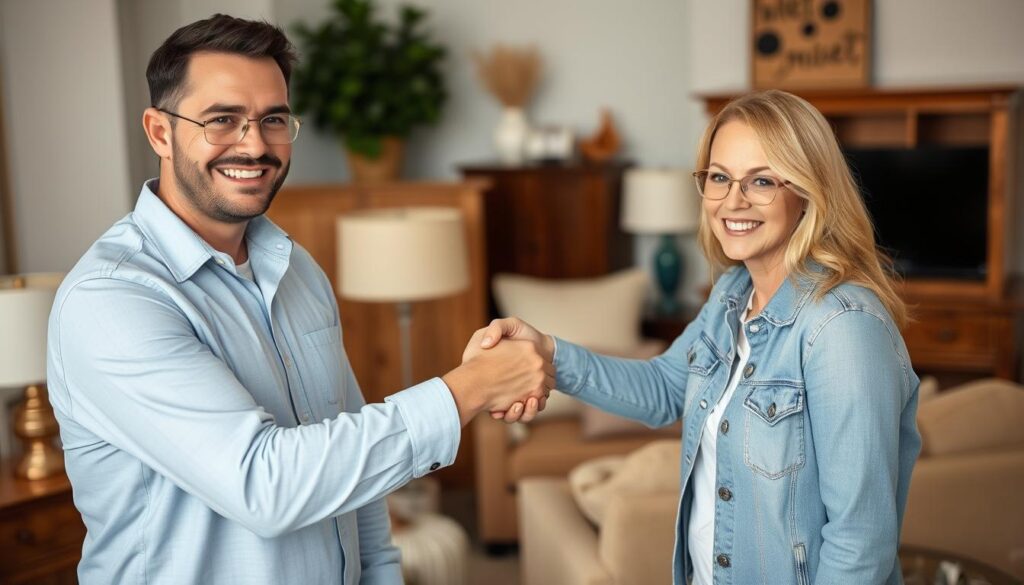 Persoon die tevreden is na succesvolle verkoop van meubels voor een goede gemiddelde prijs meubels Persoon die tevreden is na succesvolle verkoop van meubels voor een goede gemiddelde prijs meubels