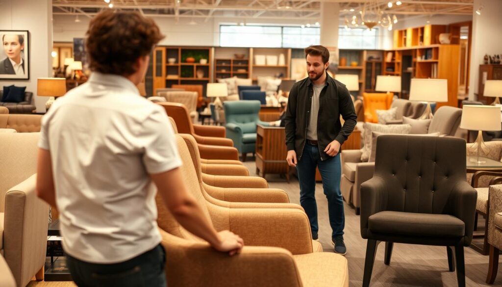 Persoon die verschillende stoelen uitprobeert in een meubelwinkel Persoon die verschillende stoelen uitprobeert in een meubelwinkel