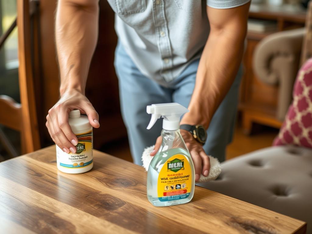 Persoon die zorgvuldig meubels onderhoudt met speciale producten om de levensduur te verlengen Persoon die zorgvuldig meubels onderhoudt met speciale producten om de levensduur te verlengen