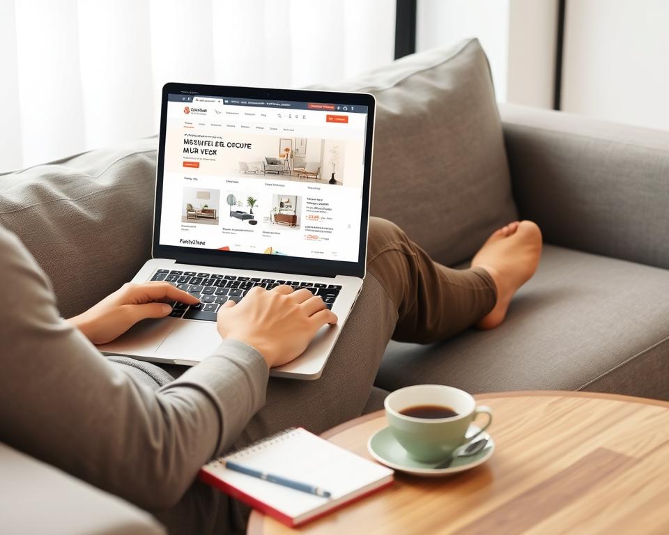 Persoon gebruikt laptop om online korting op meubels te zoeken