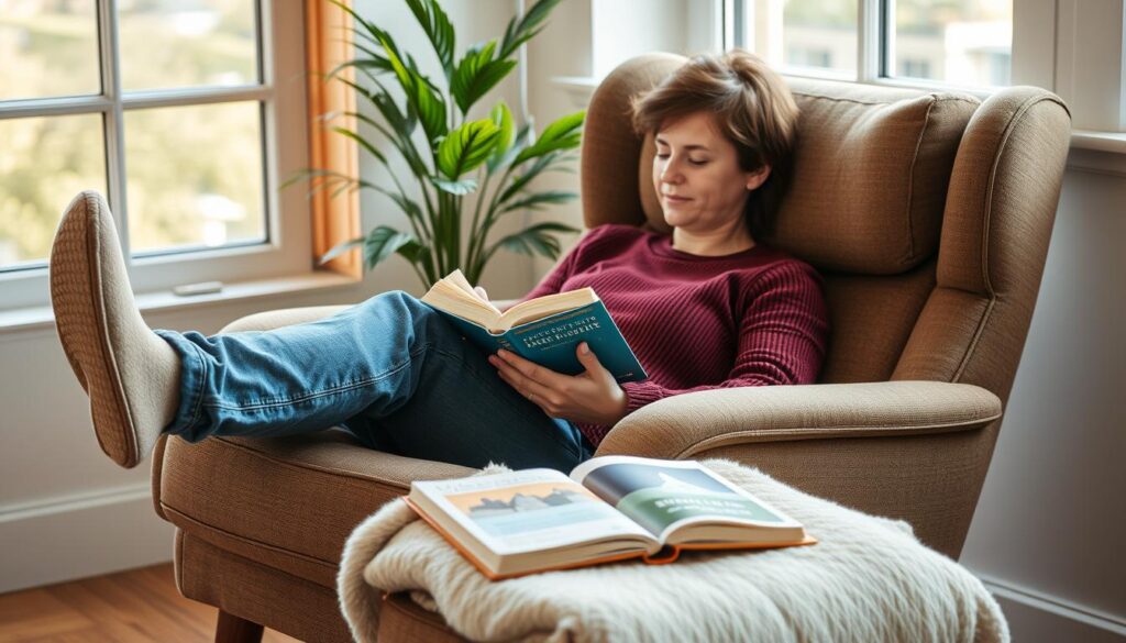 Persoon ontspant in een comfortabele loungestoel met een boek Persoon ontspant in een comfortabele loungestoel met een boek
