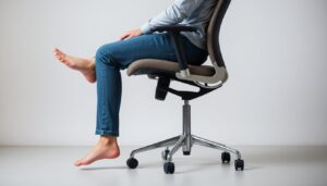 Persoon zit op een stoel met goede zithoogte voor een stoel, met rechte rug en voeten plat op de grond