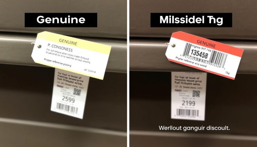 Prijskaartjes die echte en valse kortingen tonen op meubels Prijskaartjes die echte en valse kortingen tonen op meubels