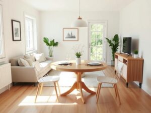 Ronde eettafel in kleine woonkamer met lichte kleuren