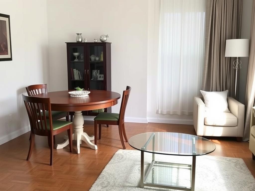 Ronde uitschuifbare eettafel en glazen salontafel voor kleine woonkamers Ronde uitschuifbare eettafel en glazen salontafel voor kleine woonkamers
