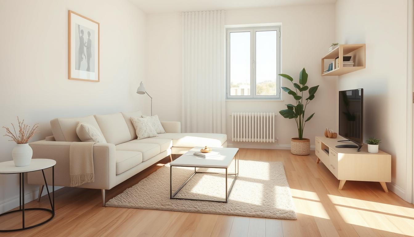 Ruime kleine woonkamer met een grote bank op pootjes en minimale meubels