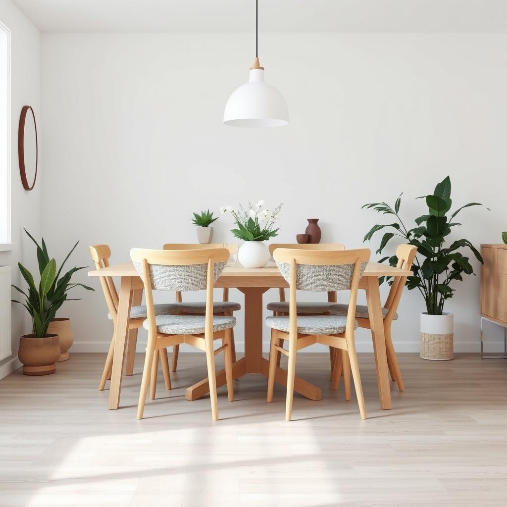 Scandinavische eetkamer met lichte houten stoelen en stoffen zitting Scandinavische eetkamer met lichte houten stoelen en stoffen zitting