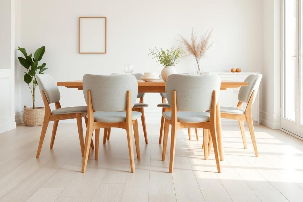 Scandinavische eetkamerstoelen met lichte houten poten in een licht interieur Scandinavische eetkamerstoelen met lichte houten poten in een licht interieur
