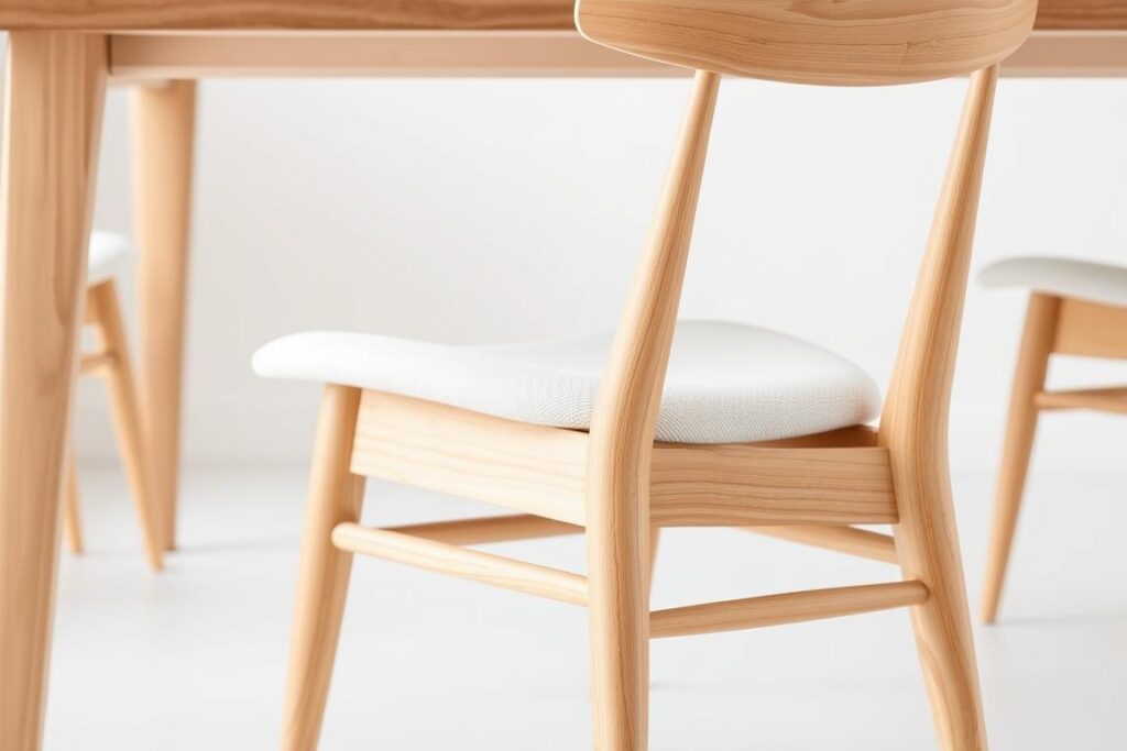 Scandinavische houten eetkamerstoel met stoffen zitting Scandinavische houten eetkamerstoel met stoffen zitting