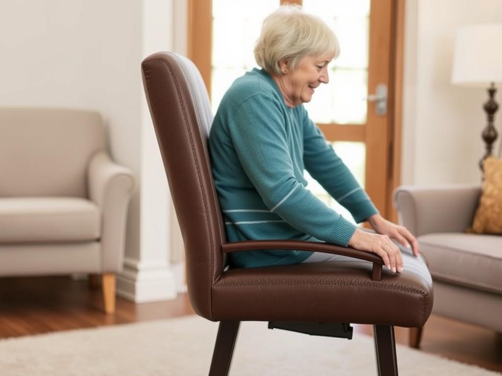 Senior gebruikt een stoel met hogere zithoogte voor gemakkelijk opstaan Senior gebruikt een stoel met hogere zithoogte voor gemakkelijk opstaan