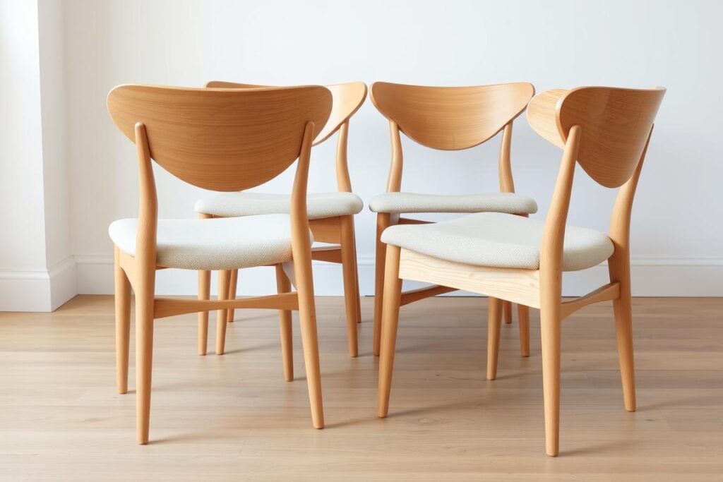 Set 4 Scandinavische eetkamerstoelen van licht hout en neutrale stoffen Set 4 Scandinavische eetkamerstoelen van licht hout en neutrale stoffen