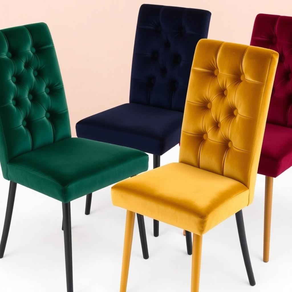 Set 4 eetkamerstoelen met velvet bekleding in rijke kleuren Set 4 eetkamerstoelen met velvet bekleding in rijke kleuren